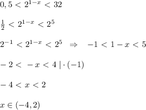 0,5\ \textless \ 2^{1-x}\ \textless \ 32\\\\ \frac{1}{2}\ \textless \ 2^{1-x}\ \textless \ 2^5\\\\2^{-1}\ \textless \ 2^{1-x}\ \textless \ 2^5\; \; \Rightarrow \; \; \; -1\ \textless \ 1-x\ \textless \ 5\\\\-2\ \textless \ -x\ \textless \ 4\; |\cdot (-1)\\\\-4\ \textless \ x\ \textless \ 2\\\\x\in (-4,2)