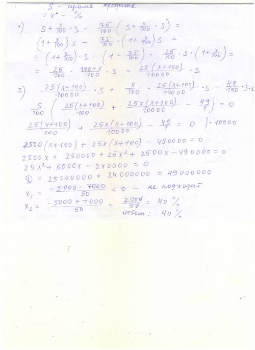 Подскажите, , на : 40%) фирма получила кредит в банке под х% годовых. через год фирма в счёт погашен