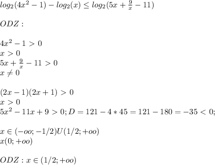 log_{2}(4x^2-1)-log_{2}(x) \leq log_{2}(5x+ \frac{9}{x} -11) \\ \\O DZ: \\ \\ 4x^2-1\ \textgreater \ 0 \\ x\ \textgreater \ 0 \\ 5x+ \frac{9}{x} -11\ \textgreater \ 0 \\ x \neq 0 \\ \\ (2x-1)(2x+1)\ \textgreater \ 0 \\ x\ \textgreater \ 0 \\ 5x^2-11x+9\ \textgreater \ 0;D=121-4*45=121-180=-35\ \textless \ 0; \\ \\ x\in(-oo;-1/2)U(1/2;+oo) \\ x\n(0;+oo) \\ \\ ODZ:x\in(1/2;+oo) \\ \\