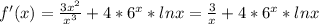 f'(x) = \frac{3x^2}{x^3} +4*6^x*lnx = \frac{3}{x} +4*6^x*lnx