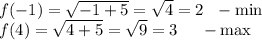 f(-1)= \sqrt{-1+5} = \sqrt{4} =2~~-\min\\ f(4)= \sqrt{4+5} = \sqrt{9} =3~~~~-\max