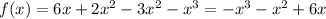 f(x)=6x+2 x^{2} -3 x^{2} - x^{3} =- x^{3} - x^{2} +6x