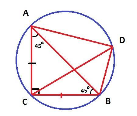 Есть равнобедренный треугольник abc, угол с=90°. точка d находится на окружности описывающей авс, та