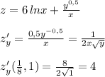 z=6\, lnx+\frac{y^{0,5}}{x}\\\\z'_{y}=\frac{0,5y^{-0,5}}{x} =\frac{1}{2x\sqrt{y}}\\\\z'_{y}(\frac{1}{8},1)=\frac{8}{2\sqrt1}=4