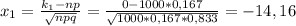 x_{1}= \frac{k_{1}-np}{\sqrt{npq}}= \frac{0-1000*0,167}{ \sqrt{1000*0,167*0,833} }=-14,16