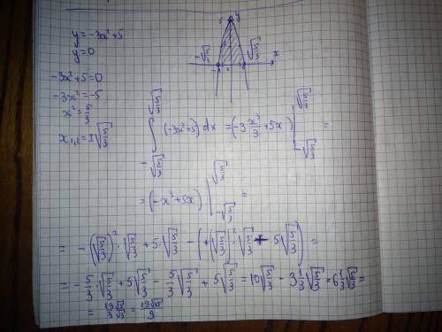 Найдите площадь плоской фигуры ограниченной линиям: y = -3x²+5, y=0.