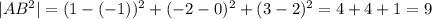 |AB^{2} |=( 1} -(-1))^{2}+(-2-0)^{2}+(3-2)^{2}=4+4+1=9&#10;