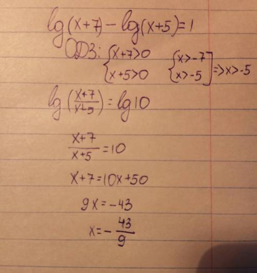 ответ желательно на листе(фото)) lg(x+7)-lg(x+5)=1