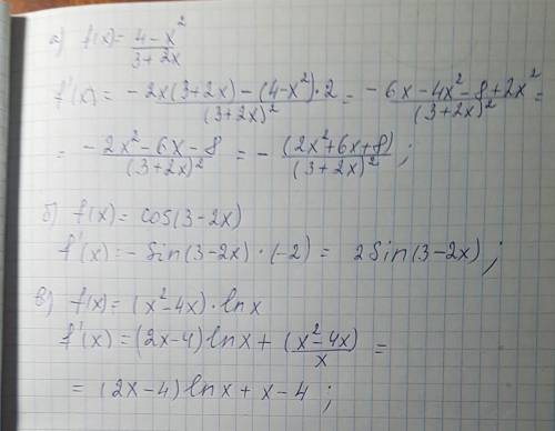 Если не сложно)найти производную функции а)f(x)=4-x^2/3+2x б)f(x)=cos(3-2x) в)f(x)=(x^2-4x)*lnx