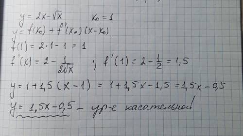 Уравнение касательной к графику функции: y = 2x - корень икс x в точке с абсциссой 1. (подробно)