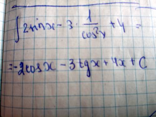 Найти интеграл функции f(x)=2sinx-3+4