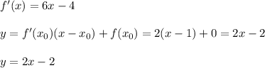 f'(x)=6x-4\\ \\ y=f'(x_0)(x-x_0)+f(x_0)=2(x-1)+0=2x-2\\ \\ y=2x-2