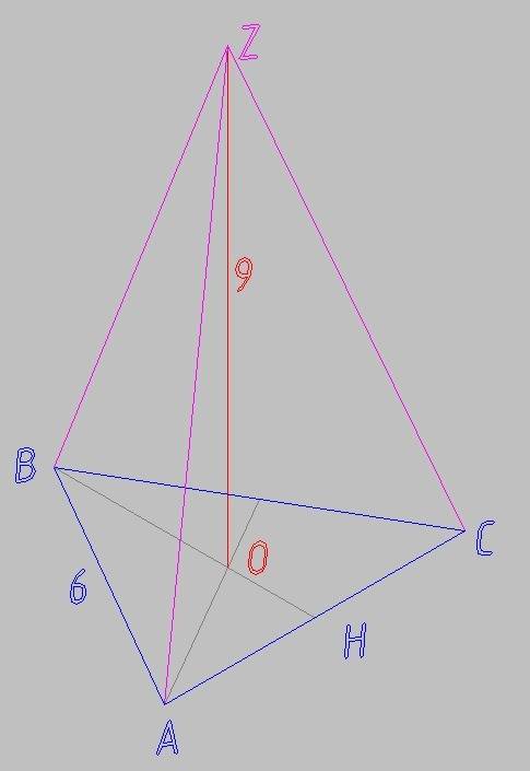Дана правильная треугольная пирамида. сторона основания равна 6, а высота 9. найдите объем пирамиды.