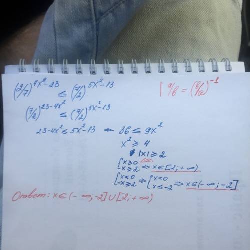 Решите неравенство (2/7)^4x^2-23 меньше или равно (7/2)5x^2-13