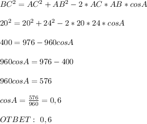 BC^2=AC^2+AB^2-2*AC*AB*cosA\\ \\ 20^2=20^2+24^2-2*20*24*cosA\\ \\ 400=976-960cosA\\ \\ 960cosA=976-400 \\ \\ 960cosA=576 \\ \\ cosA=\frac{576}{960}= 0,6 \\ \\ OTBET: \ 0,6