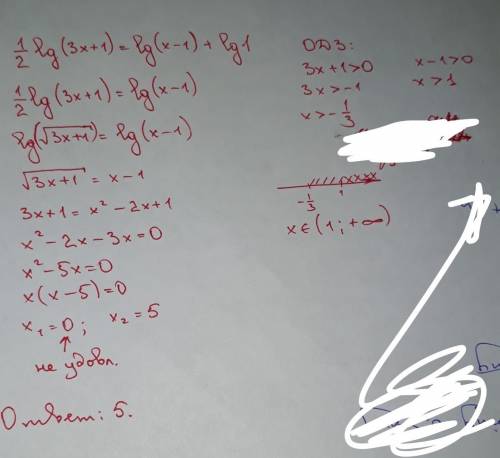 Решить логарифмическое уравнение: 1/2lg(3x+1)=lg(x-1)+lg 1