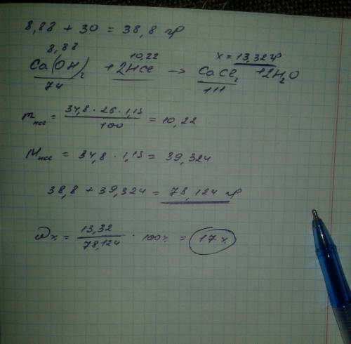 Кто знает, к гидроксиду кальция массой 8,88 г добавили 30 мл воды, а затем 34,8 мл 26%го раствора со