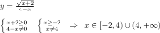 y=\frac{\sqrt{x+2}}{4-x}\\\\\left \{ {{x+2\geq 0} \atop {4-x\ne 0}} \right. \; \; \; \left \{ {{x\geq -2} \atop {x\ne 4}} \right. \; \; \Rightarrow \; \; x\in [-2,4)\cup (4,+\infty )