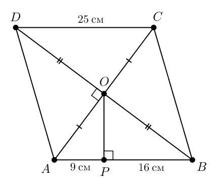 Перпендикуляр опущений точки перетину діагоналей ромба на його сторону ділить на відрізки 9 см і 16