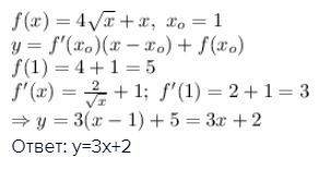 Запишите уровнение касательной к графику функции f(x)=4√x+x в точке x₀=1