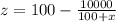 z = 100 - \frac{10000}{100 + x}