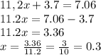 11,2x+3.7=7.06\\ 11.2x=7.06-3.7\\ 11.2x=3.36\\ x=\frac{3.36}{11.2} =\frac{3}{10}=0.3