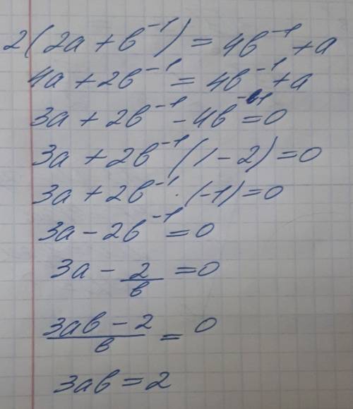 Число 2a+b^-1 , где a> 0 b> 0,составляет половину от числа 4b^-1 + a. найти 3ab.