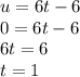 u = 6t - 6 \\ 0 = 6t - 6 \\ 6t = 6 \\ t = 1