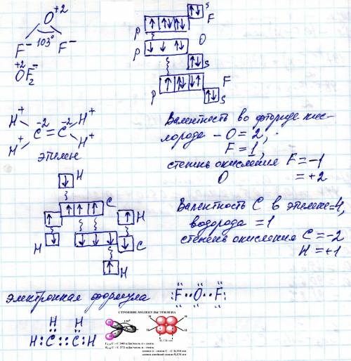 Изобразите строение молекул( электронную и графическую формулу ) f2o фторид кислорода и c2h4 этилен.