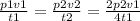 \frac{ p1v1}{t1} = \frac{ p2v2}{t2} = \frac{ 2p2v1}{4t1}