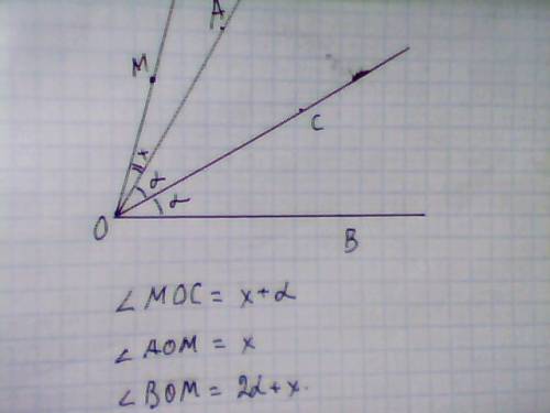 Точка m лежит вне угла aob, oc -биссектриса этого углп. докажите, что угол moc равен полусумме углов
