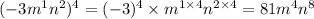 ( - 3 {m}^{1} {n}^{2} )^{4} = ( - 3)^{4} \times {m}^{1 \times 4} {n}^{2 \times 4} = 81 {m}^{4} {n}^{8}