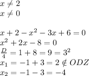 x\neq 2\\ x\neq 0\\ \\ x+2-x^2-3x+6=0\\ x^2+2x-8=0\\ \frac{D}{4}=1+8=9=3^2\\ x_1=-1+3=2 \notin ODZ\\ x_2=-1-3=-4