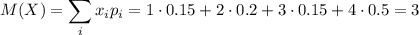 M(X)=\displaystyle \sum_ix_ip_i=1\cdot 0.15+2\cdot 0.2+3\cdot 0.15+4\cdot 0.5=3