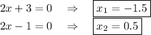 2x+3=0~~~\Rightarrow~~~ \boxed{x_1=-1.5}\\ 2x-1=0~~~\Rightarrow~~~ \boxed{x_2=0.5}