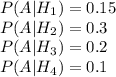 P(A|H_1)=0.15\\ P(A|H_2)=0.3\\ P(A|H_3)=0.2\\P(A|H_4)=0.1