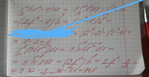 Вычислить интеграл: ∫ от 0 до 2 (3x^2-1)dx; ∫ от 1 до 8 (3√x^2)dx