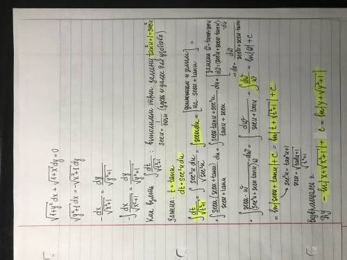 Найти общее решение дифференциального уравнения sqrt(1+y^2)dx+sqrt(1+x^2)dy=0