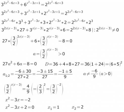 3^(2x^2-6x+3) +6^(x^2-3x+1) =2^(2x^2-6x+3) кто нибудь объясните