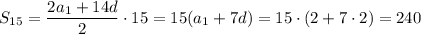 S_{15}=\dfrac{2a_1+14d}{2}\cdot 15=15(a_1+7d)=15\cdot(2+7\cdot 2)= 240