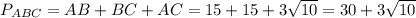 P_{ABC}=AB+BC+AC=15+15+3\sqrt{10}=30+3\sqrt{10}