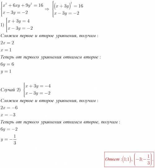 Розв'язати систему рівнянь: x^2 + 6xy + 9y^2 = 16 x - 3y = -2