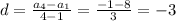 d = \frac{a_{4}-a_{1}}{4-1} =\frac{-1-8}{3} =-3