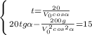 \left \{ {{t = \frac{20}{V_0cos\alpha}} \atop 20tg\alpha-\frac{200g}{V_0^2cos^2\alpha} = 15}