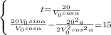 \left \{ {{t = \frac{20}{V_0cos\alpha}} \atop {\frac{20V_0sin\alpha}{V_0cos\alpha}}-\frac{20^2g}{2V_0^2cos^2\alpha} = 15} \right.