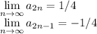 \displaystyle \lim_{n \to \infty} a_{2n} = 1/4\\ \lim_{n \to \infty} a_{2n-1}=-1/4