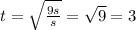 t=\sqrt{\frac{9s}{s}} =\sqrt{9} =3