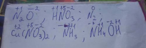 Расставьте степени окисления элементов в соединениях: n2o, hno3, n2, cu(no3)2, nh3, nh4oh с объяснен