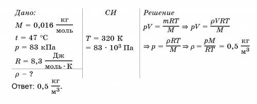 Определите плотность метана (его малярная масса равна 0,016 кг/моль) при темературе 47*с и давлении