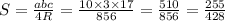 S = \frac{abc}{4R} = \frac{10 \times 3 \times 17}{856} = \frac{510}{856} = \frac{255}{428}